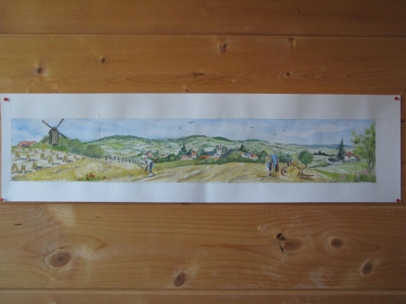 esquisse panoramique pour fresque ceramique sur carrelage paysage de Flandre