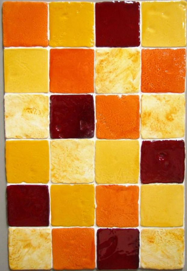 faience murale 10X10 pour cuisine aspect antique ton jaune orange rouge